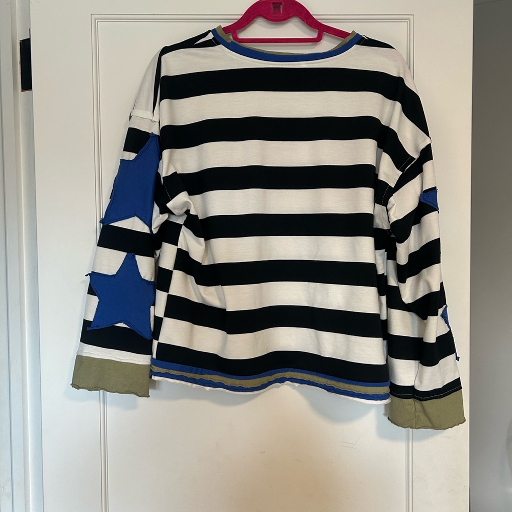 Striped Black and White Women’s Shirt with Blue Star Accents